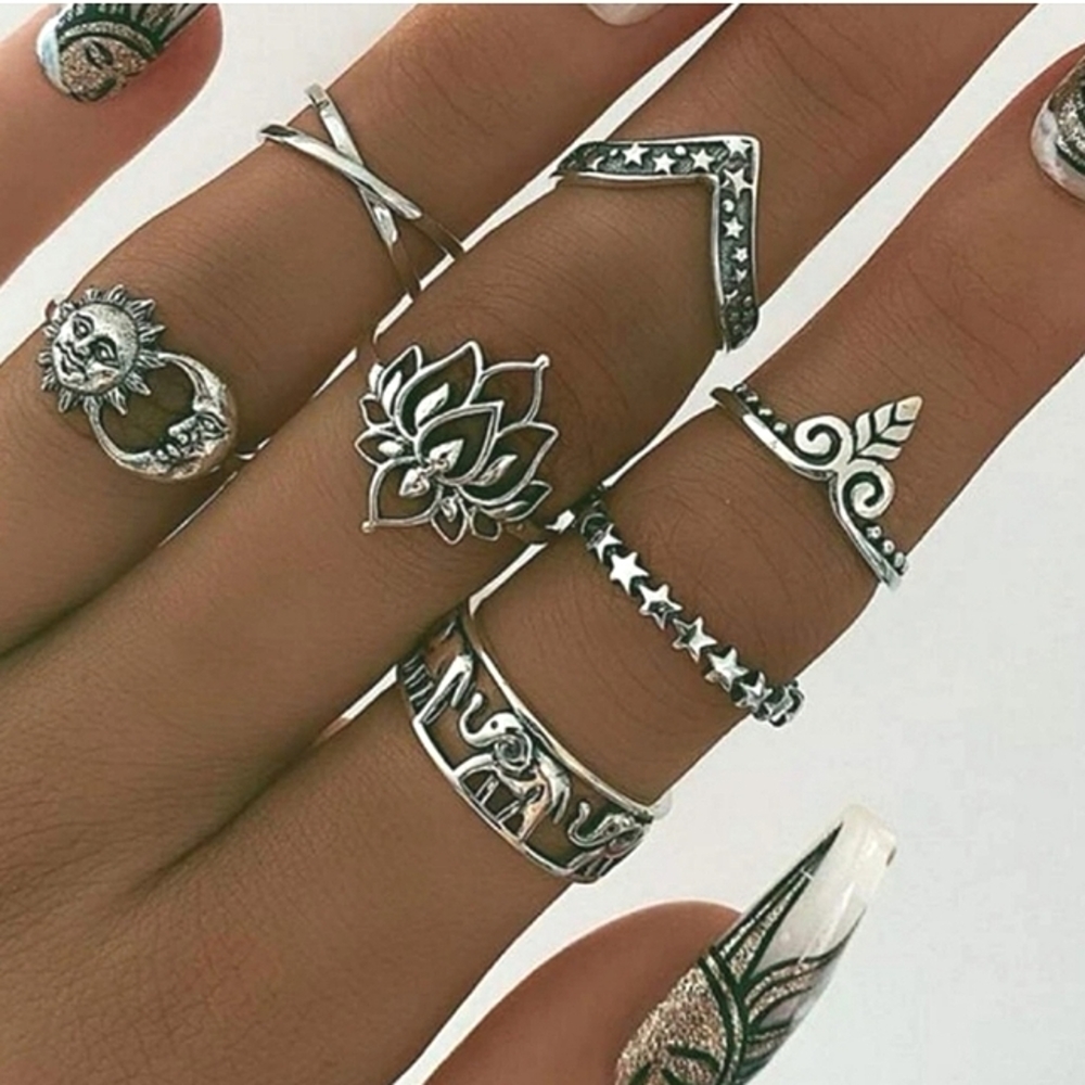 7 Piece Bohemian Lotus Stars and Moons Silver Midi Antiqued Silver Ring Set
